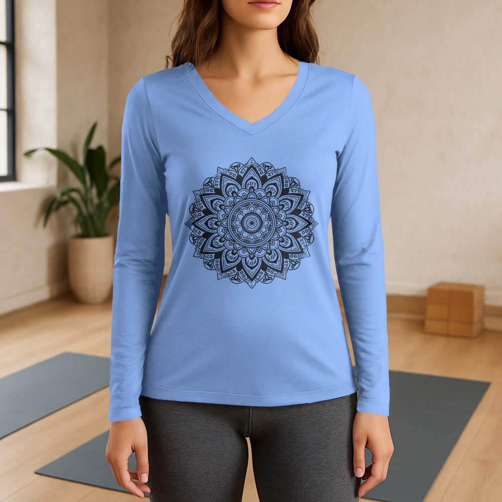 T-shirt de yoga à manches longues et col en V Olivenorma à motif géométrique de fleur de lotus - Bleu clair - 3XL - image 10