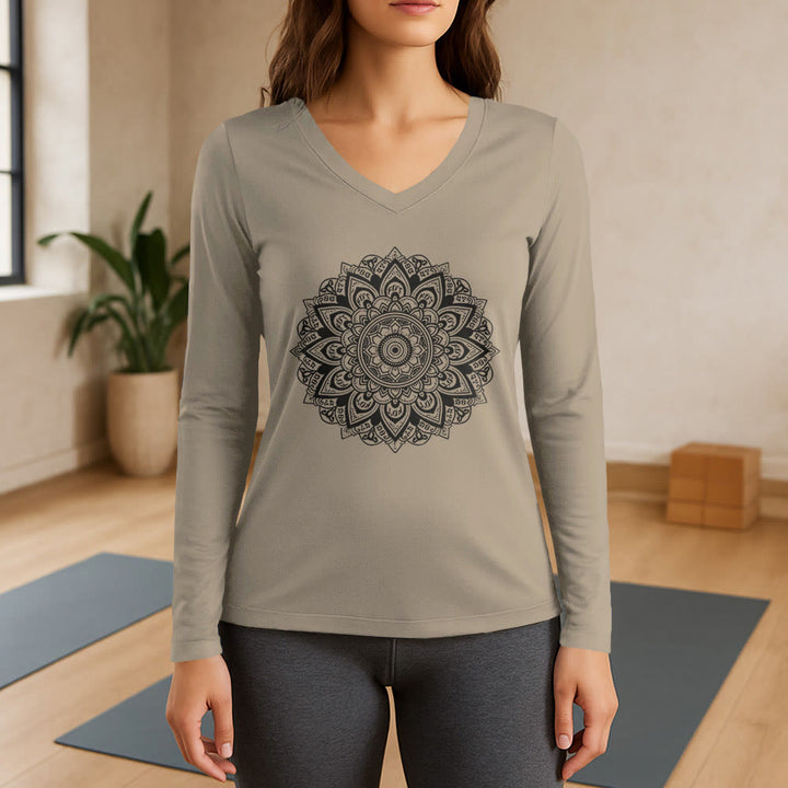 T-shirt de yoga à manches longues et col en V Olivenorma à motif géométrique de fleur de lotus - Kaki - 3XL - image 17