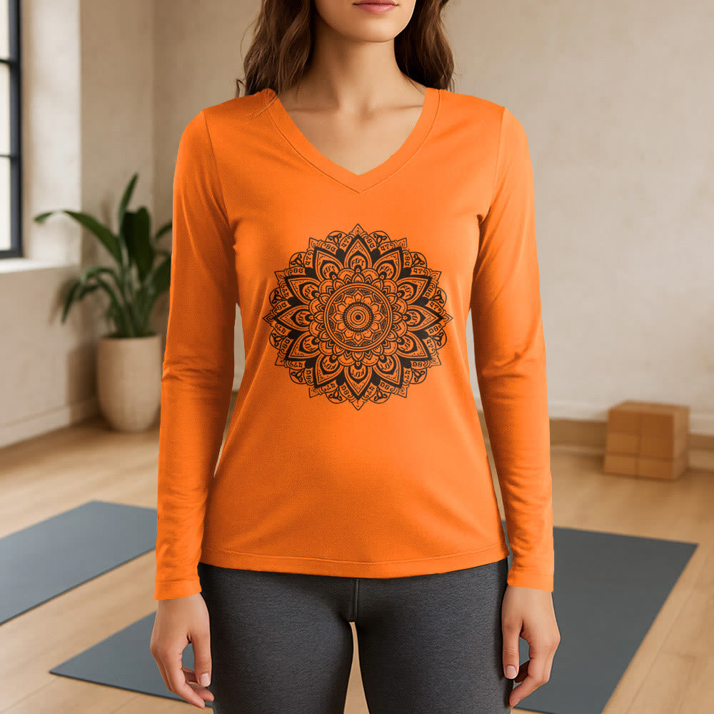 T-shirt de yoga à manches longues et col en V Olivenorma à motif géométrique de fleur de lotus - Orange - 3XL - image 15