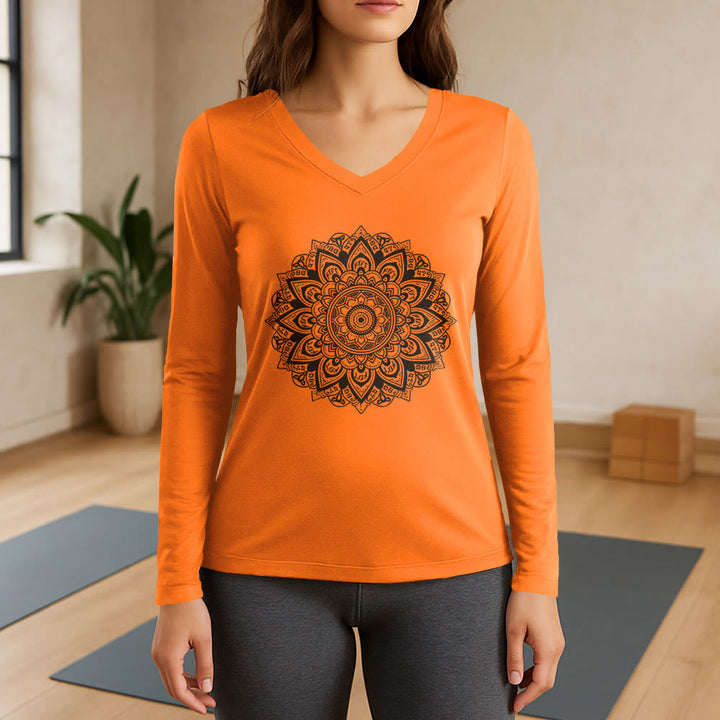 T-shirt de yoga à manches longues et col en V Olivenorma à motif géométrique de fleur de lotus - Orange - 3XL - image 15