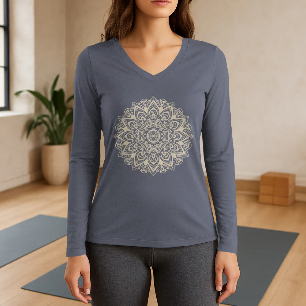 T-shirt de yoga à manches longues et col en V Olivenorma à motif géométrique de fleur de lotus - Gris - 3XL - image 16