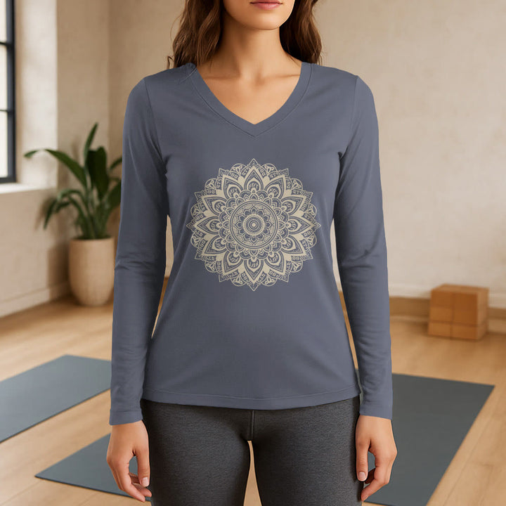 T-shirt de yoga à manches longues et col en V Olivenorma à motif géométrique de fleur de lotus - Gris - 3XL - image 16