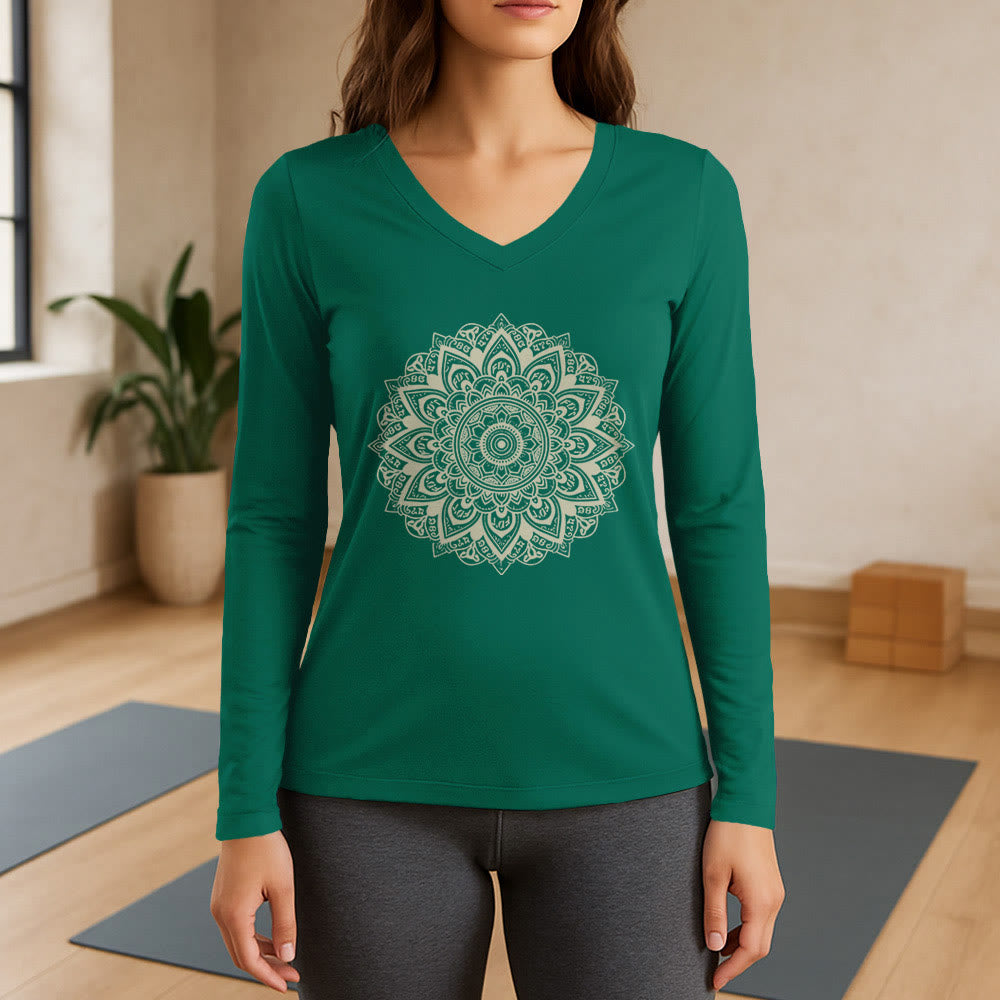T-shirt de yoga à manches longues et col en V Olivenorma à motif géométrique de fleur de lotus - Vert - 3XL - image 11