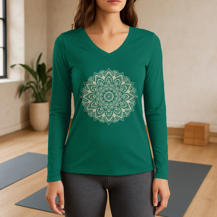 T-shirt de yoga à manches longues et col en V Olivenorma à motif géométrique de fleur de lotus - Vert - 3XL - image 11