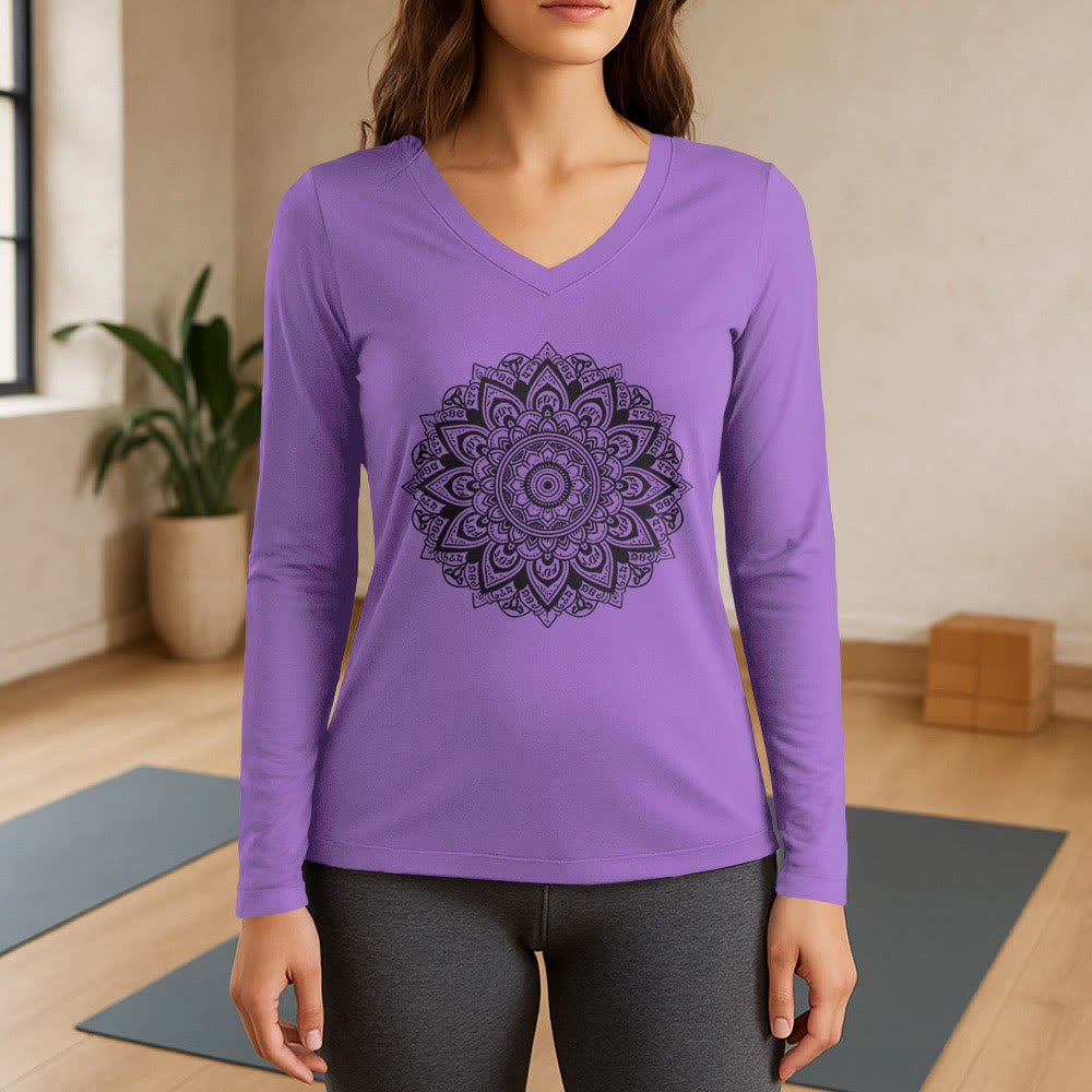 T-shirt de yoga à manches longues et col en V Olivenorma à motif géométrique de fleur de lotus - Violet - 3XL - image 14