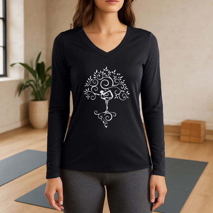 T-shirt à manches longues et col en V Olivenorma Yoga Tree Pose - Noir - 3XL - image 11