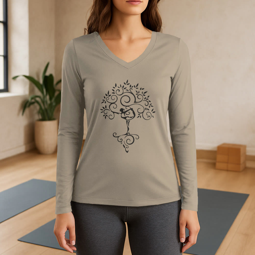 T-shirt à manches longues et col en V Olivenorma Yoga Tree Pose - Kaki - 3XL - image 18