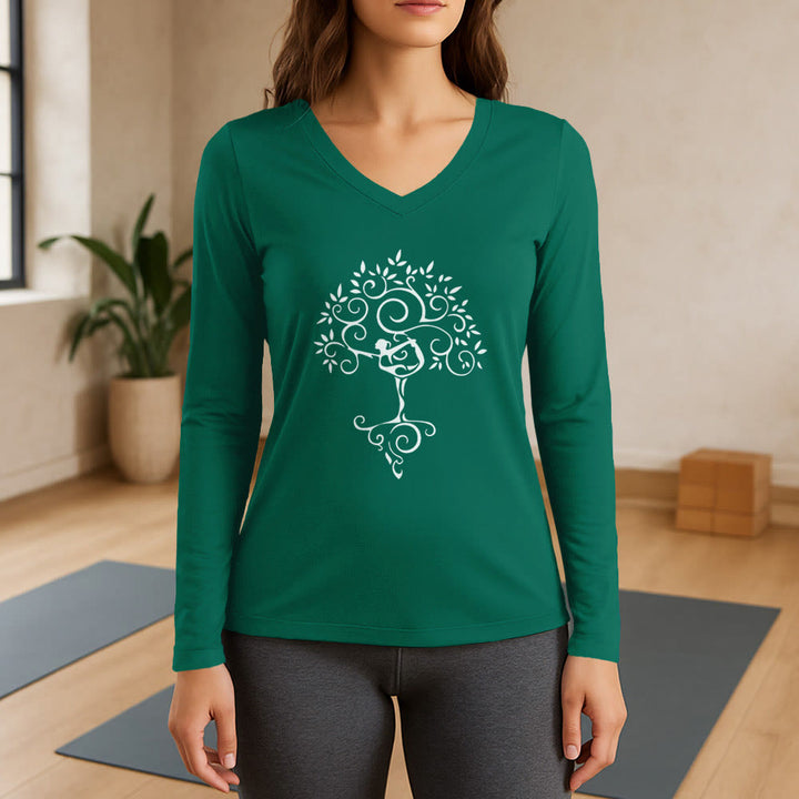 T-shirt à manches longues et col en V Olivenorma Yoga Tree Pose - Vert - 3XL - image 2