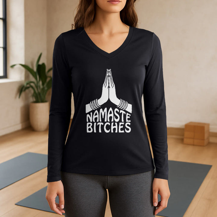 T-shirt à manches longues et col en V Olivenorma Funny Namaste Meditation Yoga - Noir - 3XL - image 0