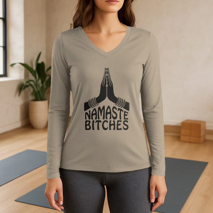 T-shirt à manches longues et col en V Olivenorma Funny Namaste Meditation Yoga - Kaki - 3XL - image 17