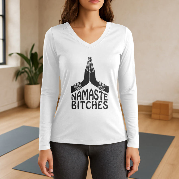 T-shirt à manches longues et col en V Olivenorma Funny Namaste Meditation Yoga - Blanc - 3XL - image 7