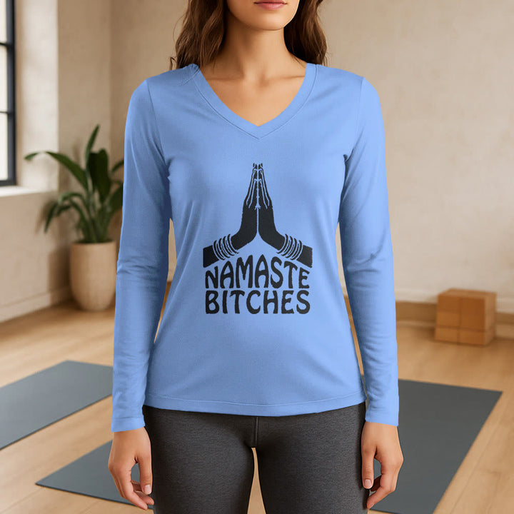 T-shirt à manches longues et col en V Olivenorma Funny Namaste Meditation Yoga - Bleu clair - 3XL - image 10