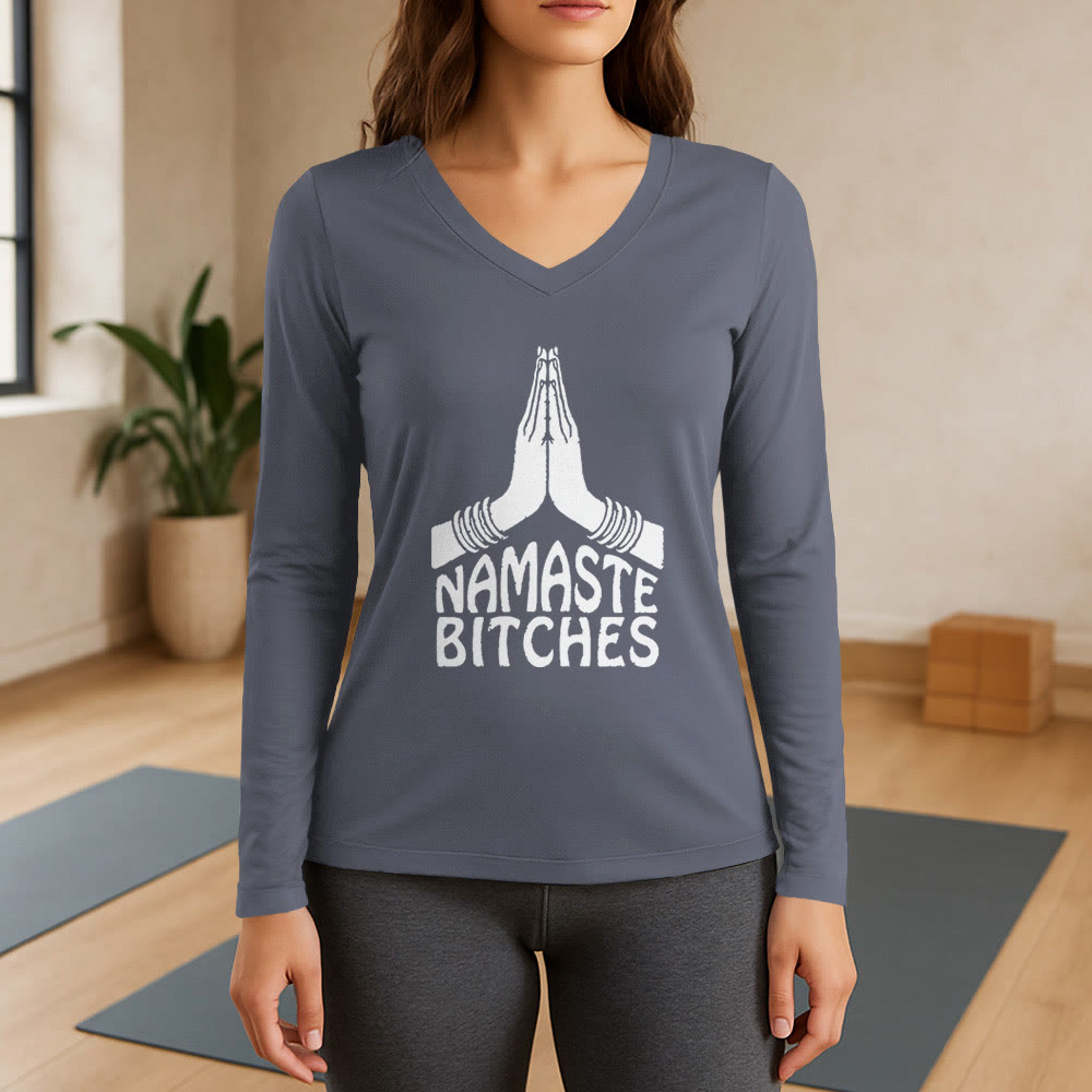 T-shirt à manches longues et col en V Olivenorma Funny Namaste Meditation Yoga - Gris - 3XL - image 16
