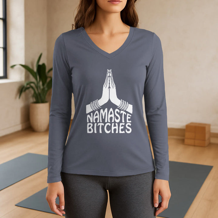 T-shirt à manches longues et col en V Olivenorma Funny Namaste Meditation Yoga - Gris - 3XL - image 16