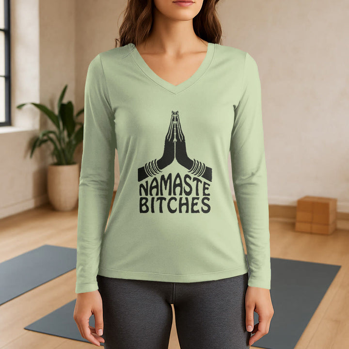 T-shirt à manches longues et col en V Olivenorma Funny Namaste Meditation Yoga - Vert clair - 3XL - image 9