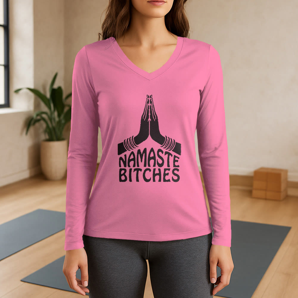 T-shirt à manches longues et col en V Olivenorma Funny Namaste Meditation Yoga - Rose - 3XL - image 13