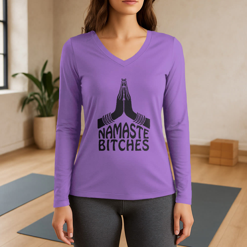 T-shirt à manches longues et col en V Olivenorma Funny Namaste Meditation Yoga - Violet - 3XL - image 14