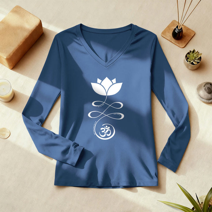 T-shirt à manches longues et col en V Olivenorma Yoga avec symbole Om et fleur de lotus - image 1