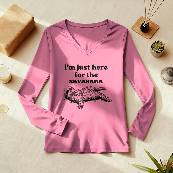 T-shirt à manches longues et col en V Olivenorma « Je suis juste là pour Savasana » - image 0