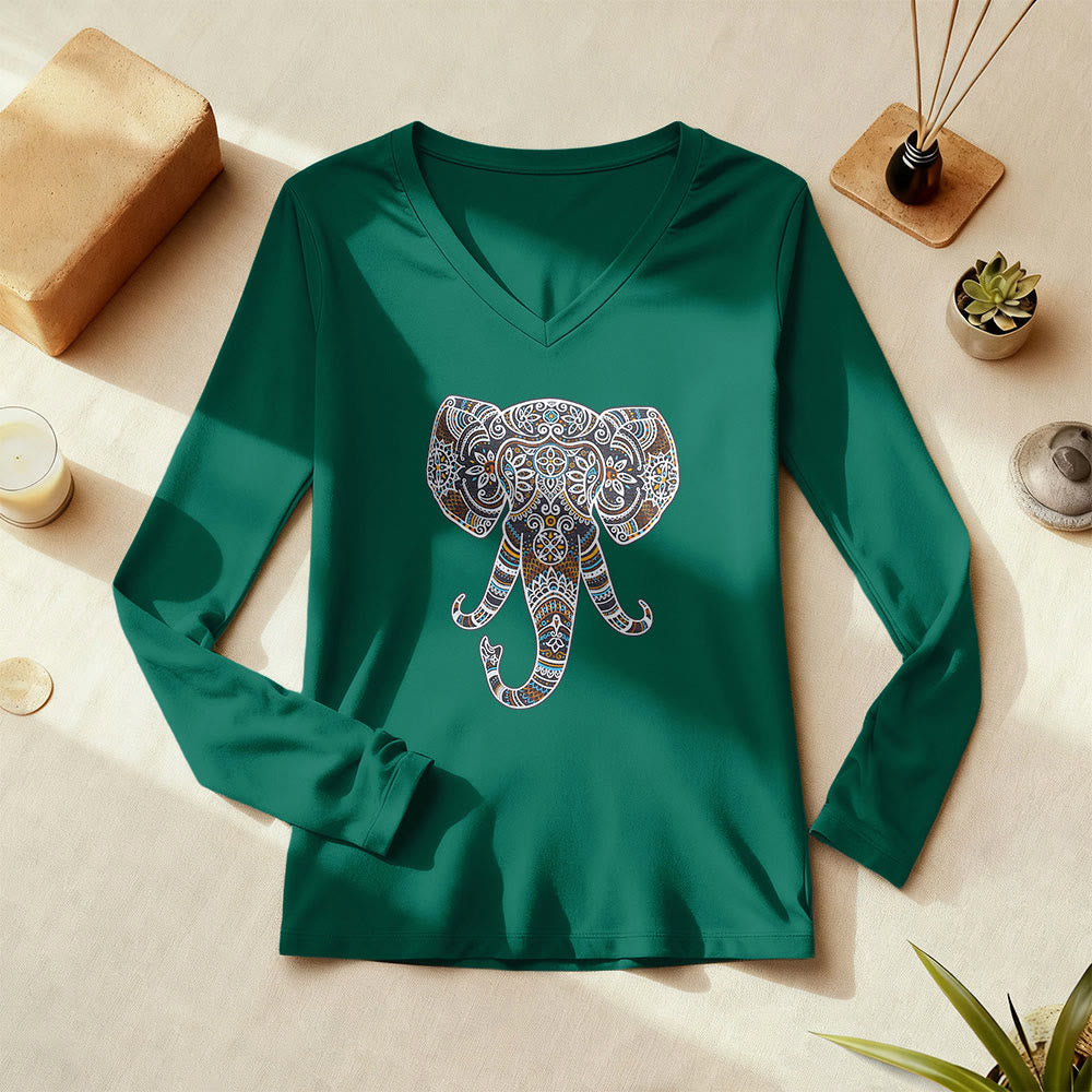T-shirt à manches longues et col en V Olivenorma pour femme, motif éléphant, inspiré de la nature et des animaux - image 1