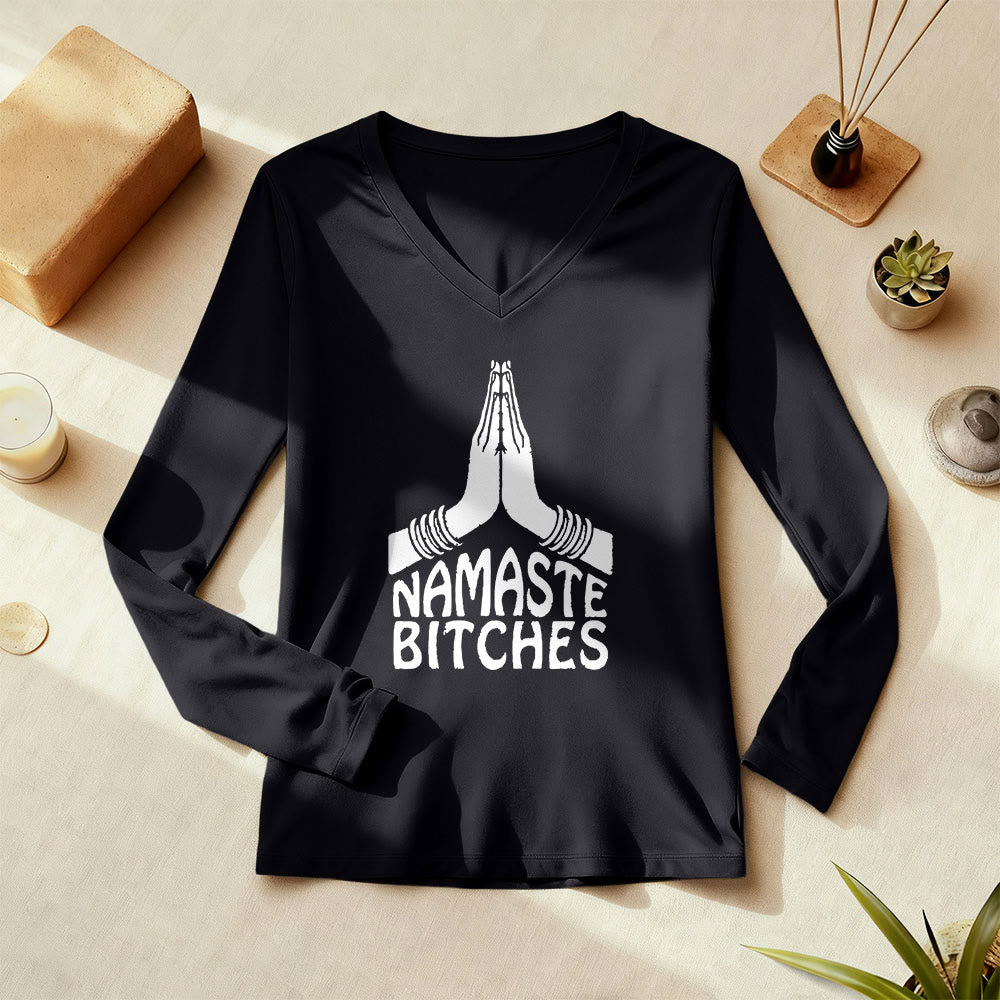 T-shirt à manches longues et col en V Olivenorma Funny Namaste Meditation Yoga - image 1