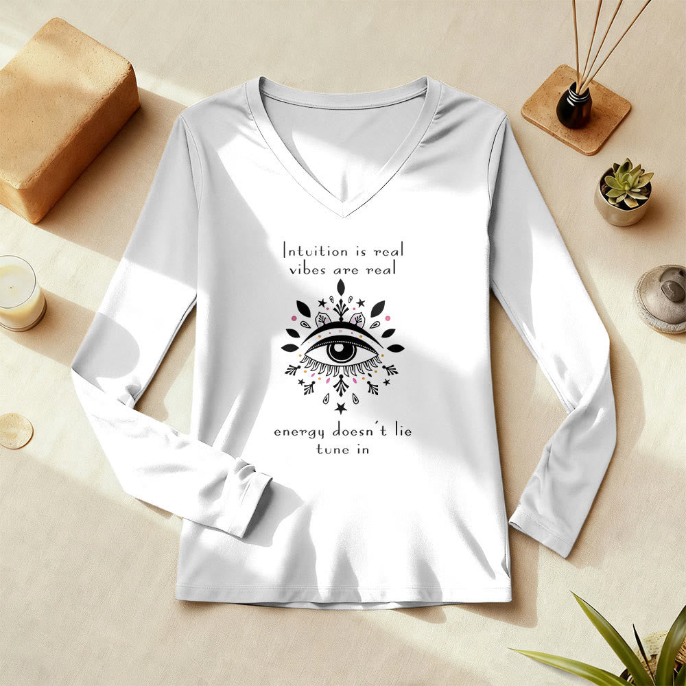 T-shirt à manches longues et col en V Olivenorma Intuition avec motif œil maléfique - image 1