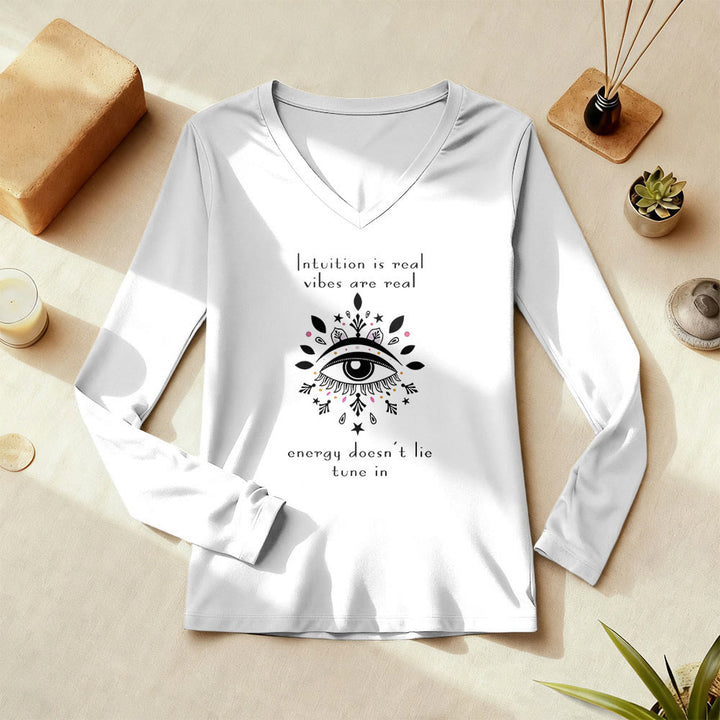 T-shirt à manches longues et col en V Olivenorma Intuition avec motif œil maléfique - image 1