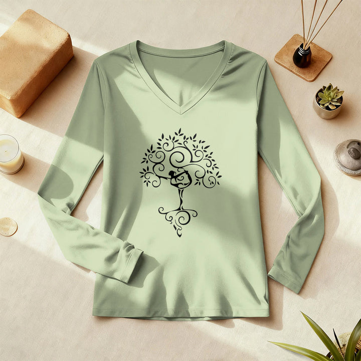T-shirt à manches longues et col en V Olivenorma Yoga Tree Pose - Vert clair - 3XL - image 0