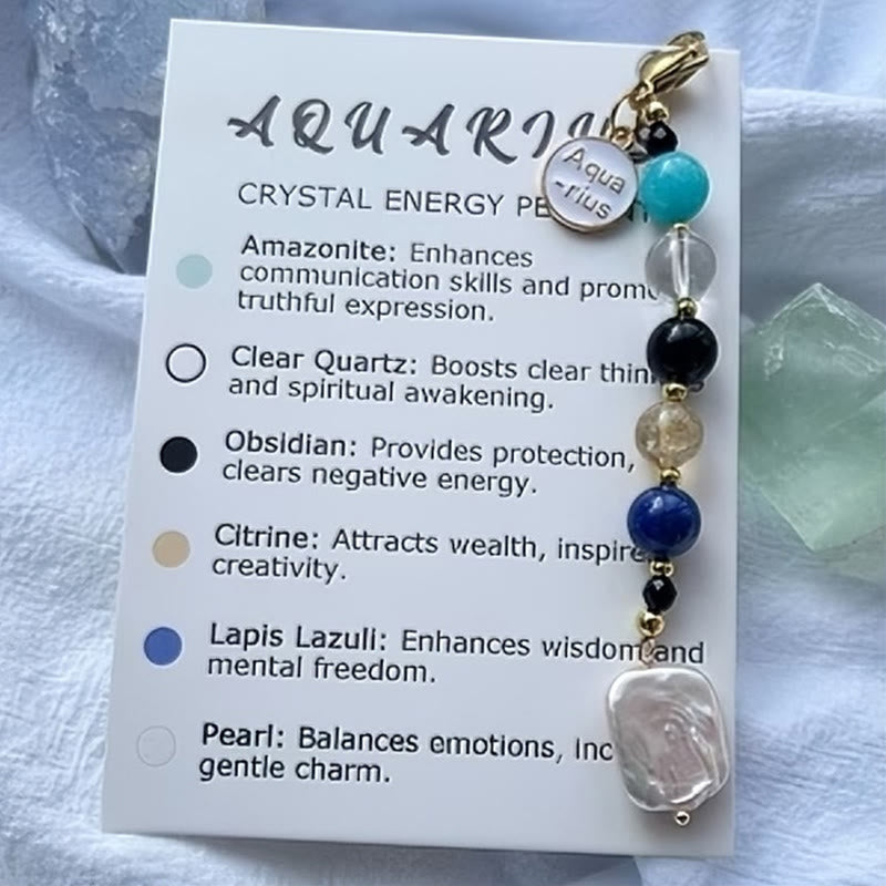 Porte-clés pendentif Olivenorma Zodiaque en pierre naturelle et cristal  - Verseau - image 2