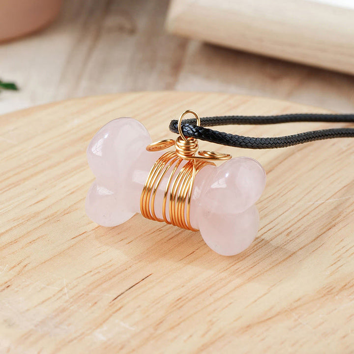 Collier pendentif Olivenorma en pierre naturelle, cristal et os - Quartz rose - image 1
