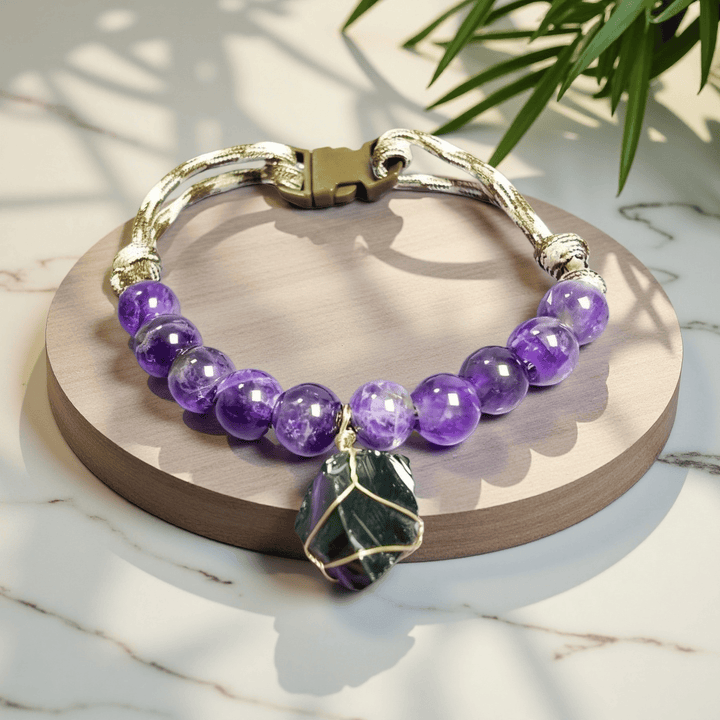 Collier pour animaux de compagnie Olivenorma en cristal d'améthyste et d'obsidienne pour méditation apaisante - Améthyste et obsidienne - Réglable de 30 à 40 cm - image 1