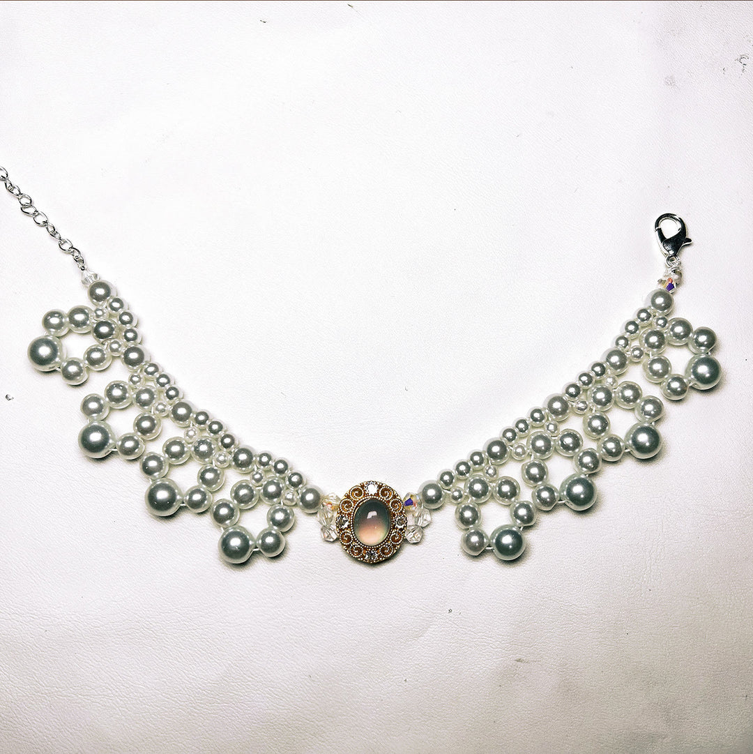 Collier vintage pour animaux de compagnie Olivenorma fait main en perles - Œil de chat et perle d'eau douce - Rose - XL(35-43 cm) - image 2