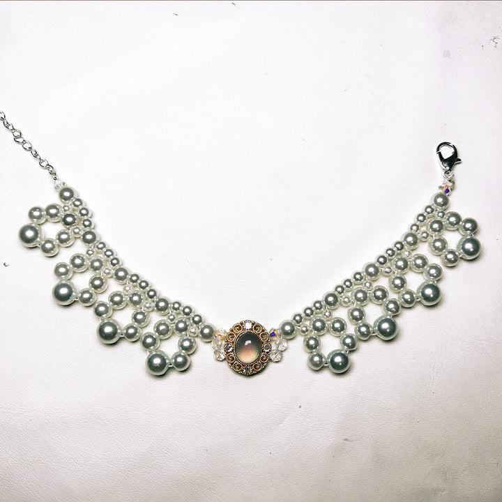 Collier vintage pour animaux de compagnie Olivenorma fait main en perles - Œil de chat et perle d'eau douce - Rose - XL(35-43 cm) - image 2