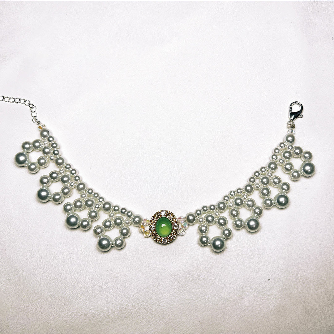 Collier vintage pour animaux de compagnie Olivenorma fait main en perles - Œil de chat et perle d'eau douce - Vert - XL(35-43 cm) - image 3