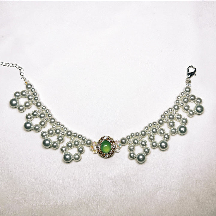 Collier vintage pour animaux de compagnie Olivenorma fait main en perles - Œil de chat et perle d'eau douce - Vert - XL(35-43 cm) - image 3