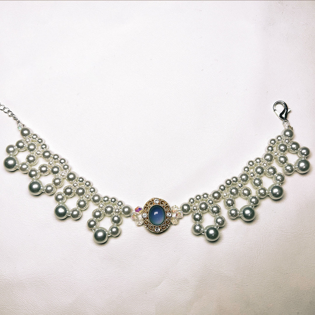 Collier vintage pour animaux de compagnie Olivenorma fait main en perles - Œil de chat et perle d'eau douce - Bleu - XL(35-43 cm) - image 4