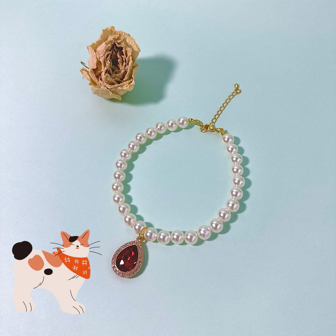 Collier élégant pour chaton Olivenorma en cristal naturel et perles - Zircon rouge - L(30+5cm) - image 1