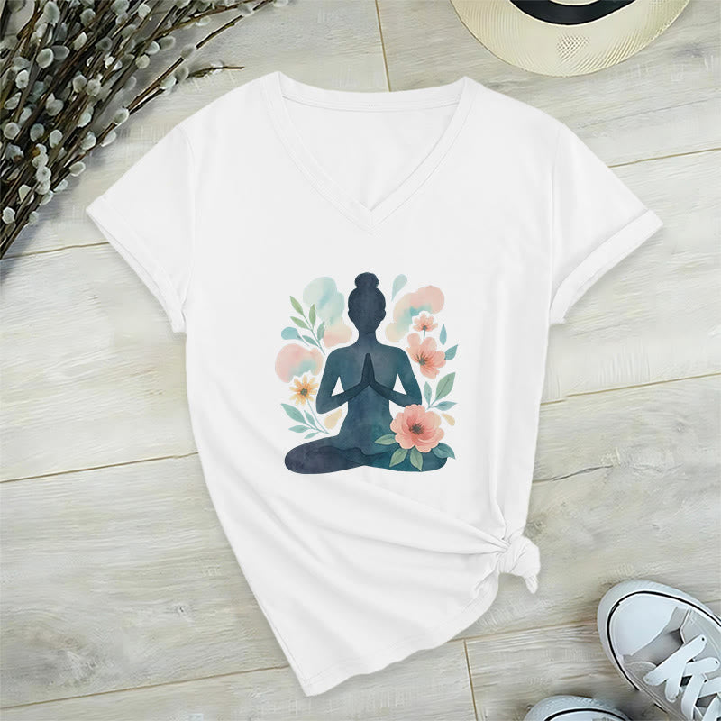 T-shirt de yoga et de méditation Olivenorma Inner Strength en coton à col en V - Blanc - 2XL - image 0