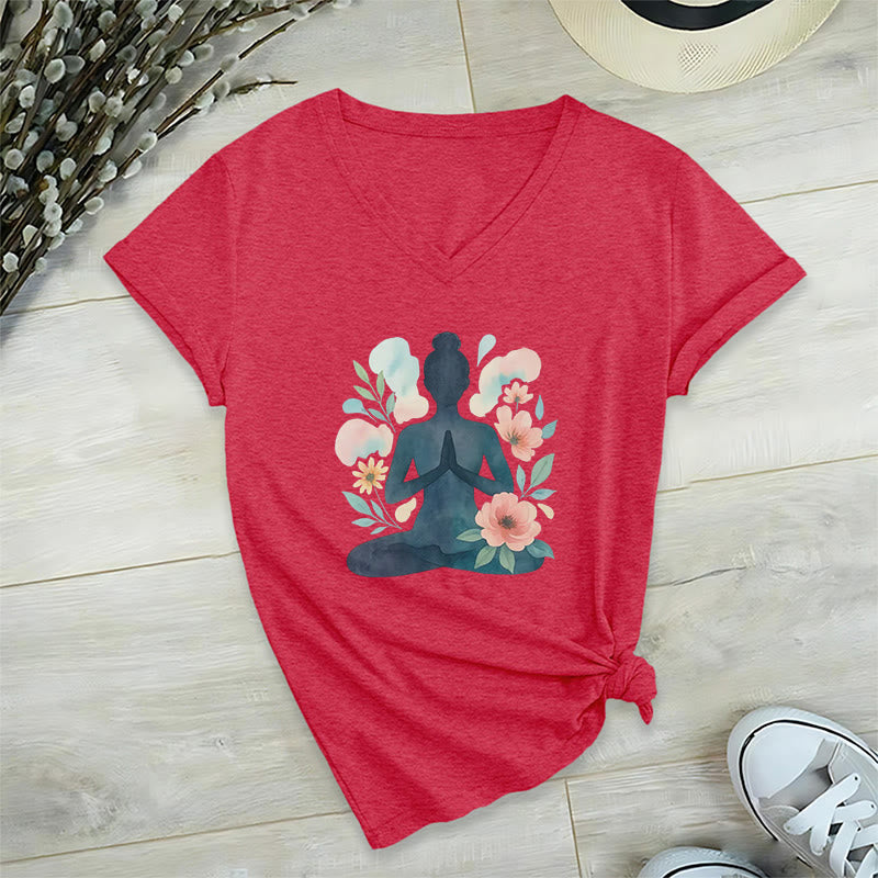 T-shirt de yoga et de méditation Olivenorma Inner Strength en coton à col en V - Rouge - 2XL - image 21