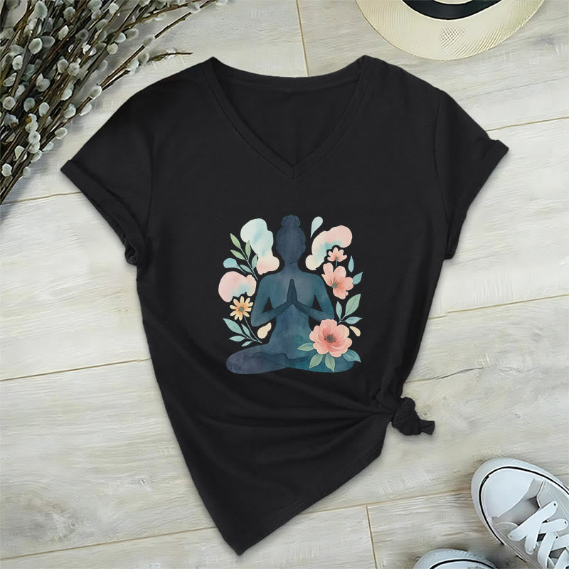 T-shirt de yoga et de méditation Olivenorma à col en V « Force intérieure » - Noir - 2XL - image 3