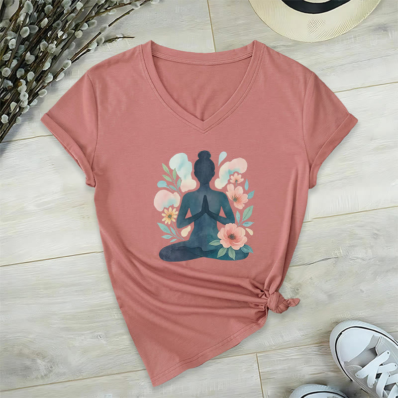 T-shirt de yoga et de méditation Olivenorma à col en V « Force intérieure » - Rose - 2XL - image 9