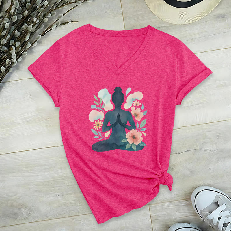 T-shirt de yoga et de méditation Olivenorma Inner Strength en coton à col en V - Rose rouge - 2XL - image 25