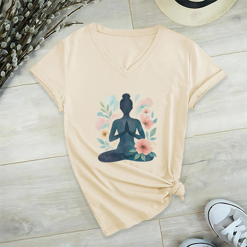 T-shirt de yoga et de méditation Olivenorma à col en V « Force intérieure » - Kaki - 2XL - image 15