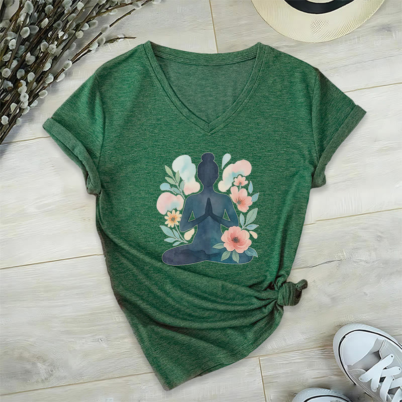 T-shirt de yoga et de méditation Olivenorma à col en V « Force intérieure » - Vert foncé - 2XL - image 17