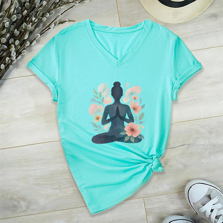 T-shirt de yoga et de méditation Olivenorma Inner Strength en coton à col en V - Lac Bleu - 2XL - image 13