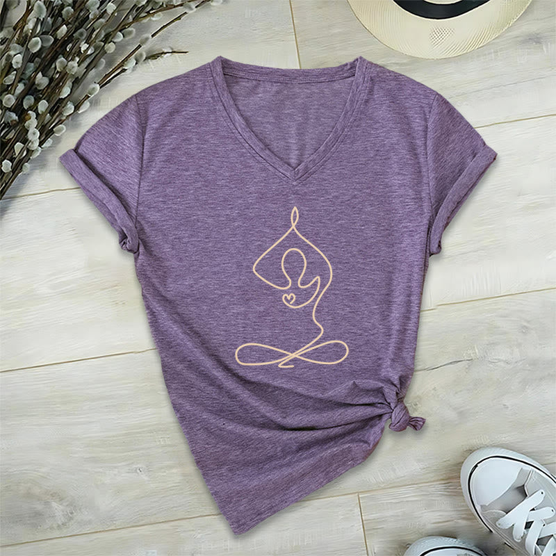 T-shirt de yoga et de méditation en coton à col en V Olivenorma Focus Balance - Violet - 2XL - image 9