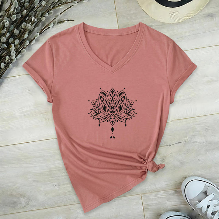 T-shirt de yoga et de méditation Olivenorma Mandala Energy Harmony à col en V en coton - Rose - 2XL - image 11