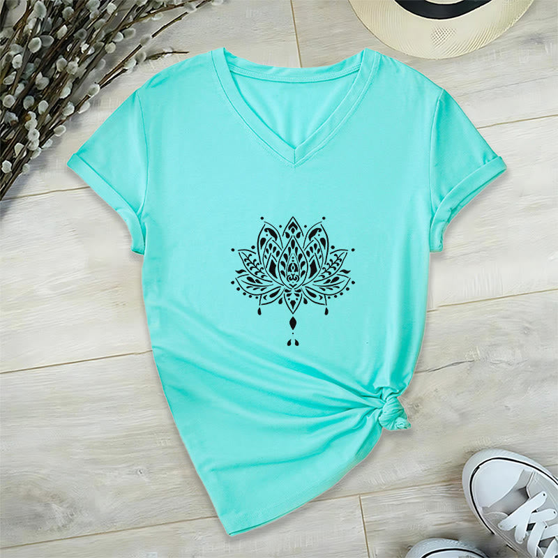 T-shirt de yoga et de méditation Olivenorma Mandala Energy Harmony à col en V en coton - Lac Bleu - 2XL - image 15