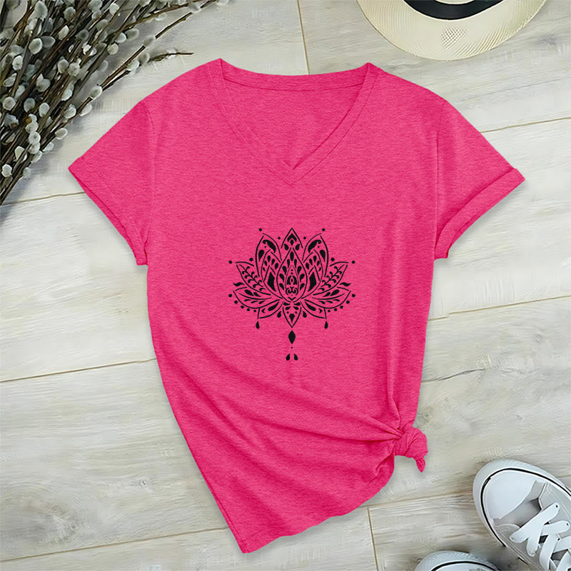 T-shirt de yoga et de méditation Olivenorma Mandala Energy Harmony à col en V - Rose rouge - 2XL - image 25