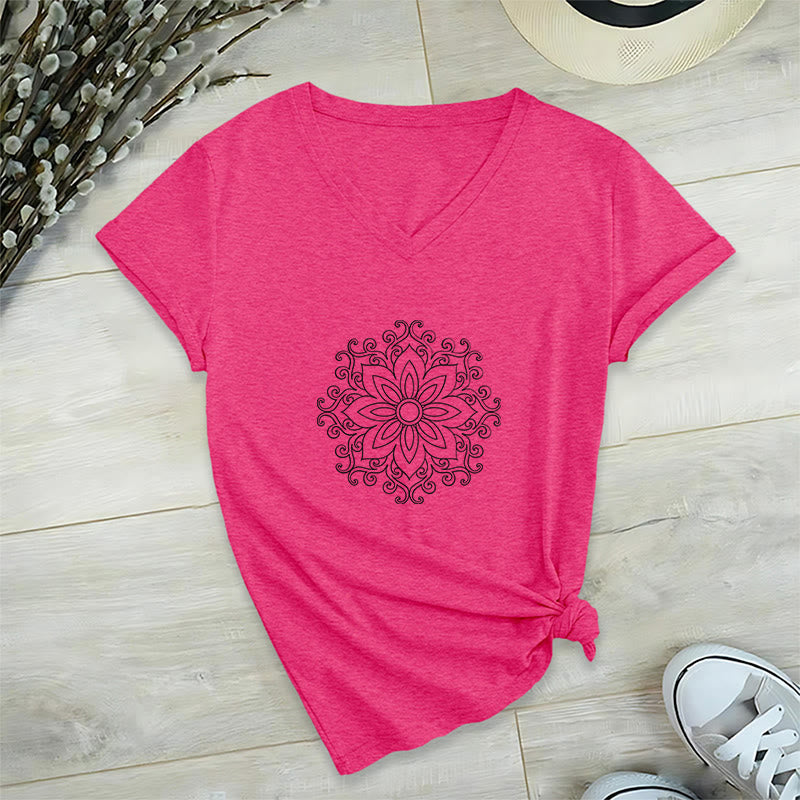 T-shirt de yoga et de méditation Olivenorma Mandala Force intérieure à col en V en coton - Rose rouge - 2XL - image 25